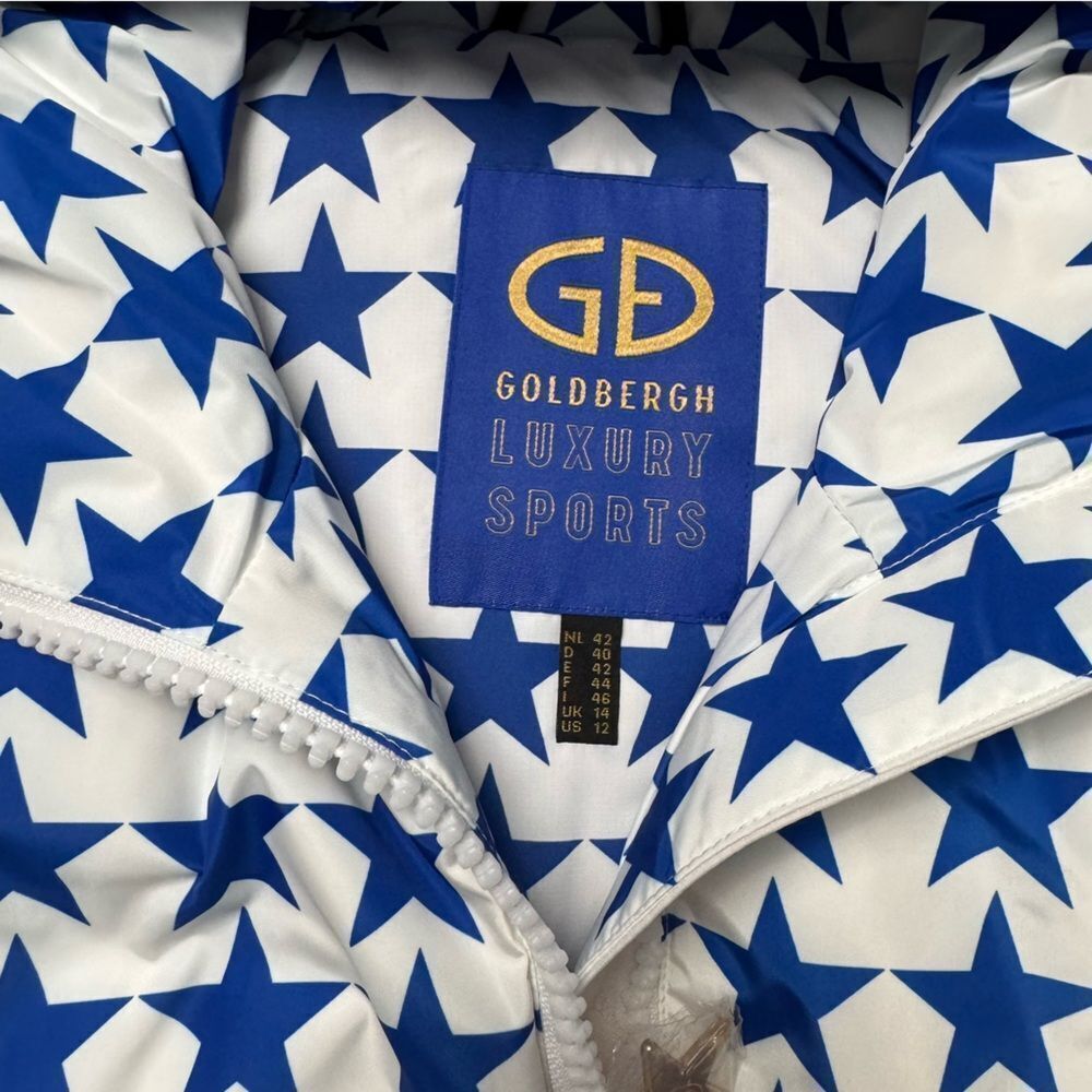 Goldbergh Olympe Goose Down Puffer Ski Jacket NWT US 12 Large White Blue Stars - Picture 5 of 10